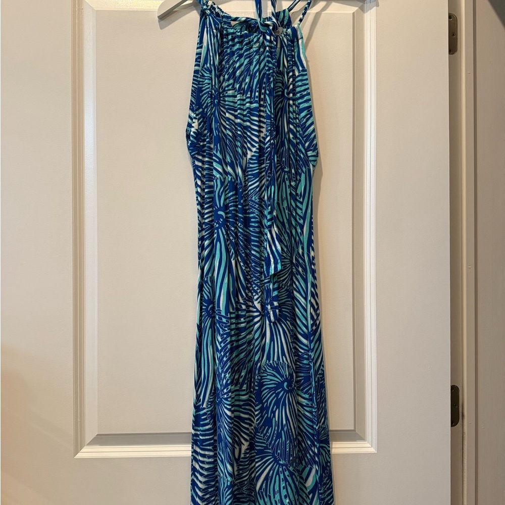 Blue and White Halter Maxi Dress